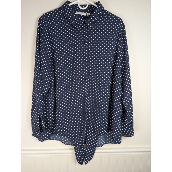 Susan Graver Button Up Top Size 18W Blue White Polka Dot Long Sleeve Tie Front - Picture 2 of 12